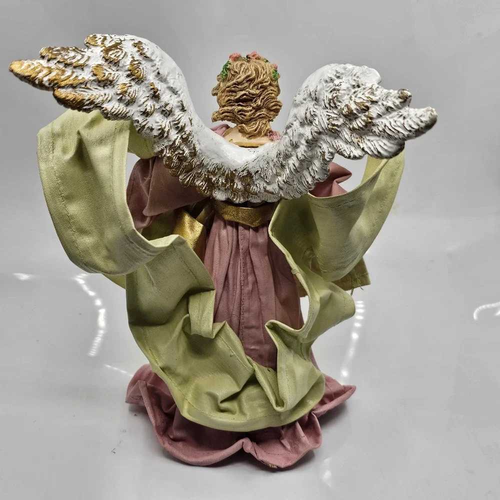 Vtg Angel Christmas Tree Topper Figurine Pink Gown Gold Harp Resin Fabric 10